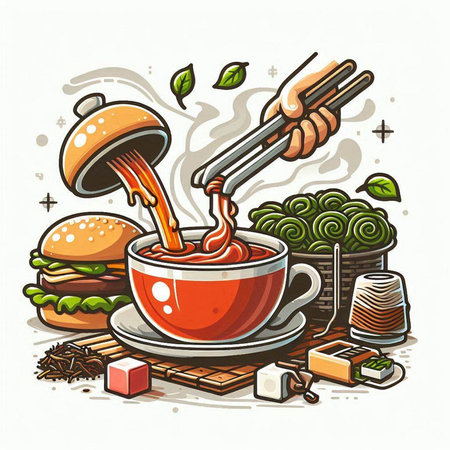 Hamburger and hot tea with chopsticks. Vector illustration.のイラスト素材