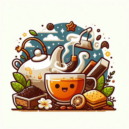 Cup of tea with teapot. Cartoon vector illustration.のイラスト素材
