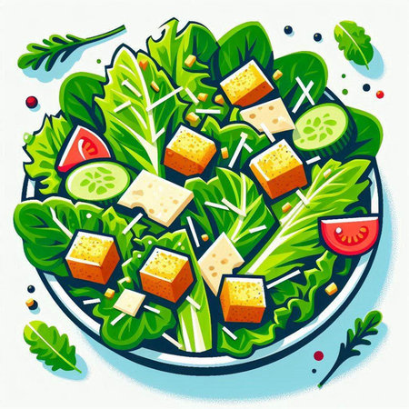 Salad with cheese, lettuce, cucumber, tomato and herbs. Vector illustration.のイラスト素材