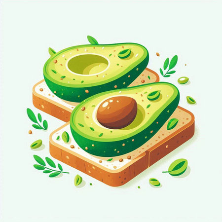 Avocado sandwich with whole grain bread and green leaves. Vector illustration.