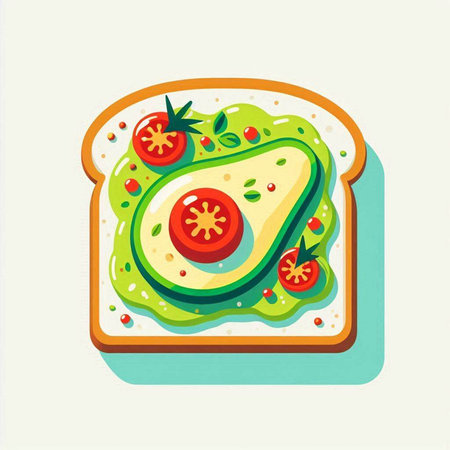 Sandwich with avocado, tomato and basil. Vector illustration in flat style.