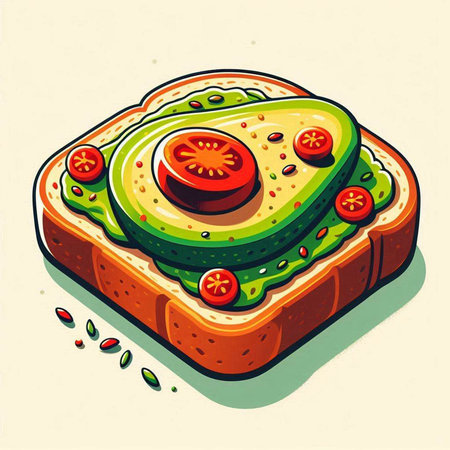 Illustration of a slice of bread with avocado, tomato and seeds