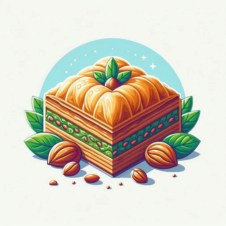 Honey baklava with nuts. Vector illustration in retro style.の写真素材