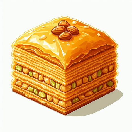 Illustration of a piece of baklava on a white backgroundの写真素材
