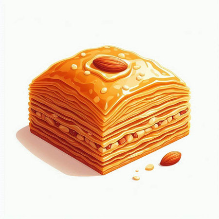 Illustration of a stack of sweet baklava on a white backgroundの写真素材