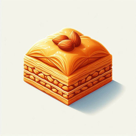 Illustration of a piece of baklava on a white backgroundの写真素材