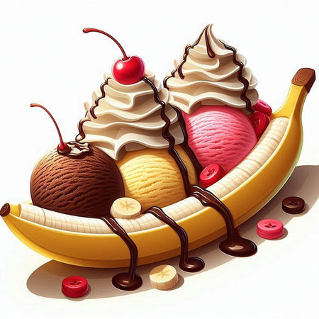 Banana split with ice cream and chocolate on a white background.の写真素材