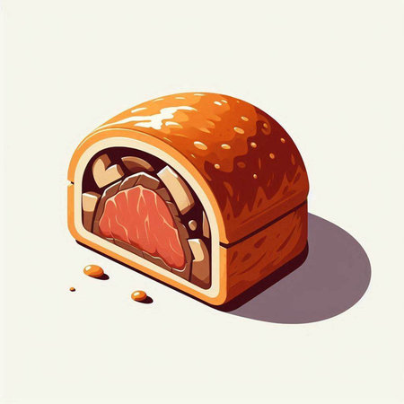 Illustration of a piece of meat in a bread roll with a shadow