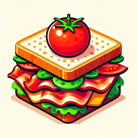 Sandwich with ham, cheese, tomato and lettuce. Vector illustration.