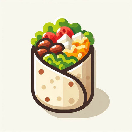 Mexican burrito with vegetables and cheese, flat vector illustration.の写真素材
