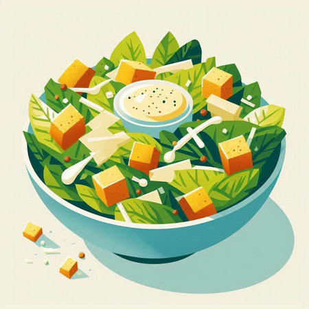 Fresh salad with cheese and herbs in a bowl. Vector illustration.の写真素材