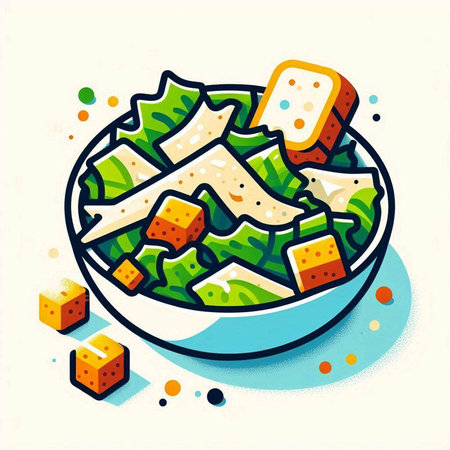 Vector illustration of a bowl of salad with tofu, cheese and herbsの写真素材