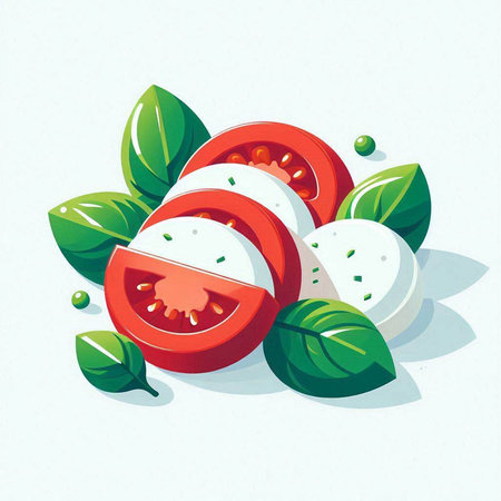 Tomato, mozzarella and basil leaves. Vector illustration.