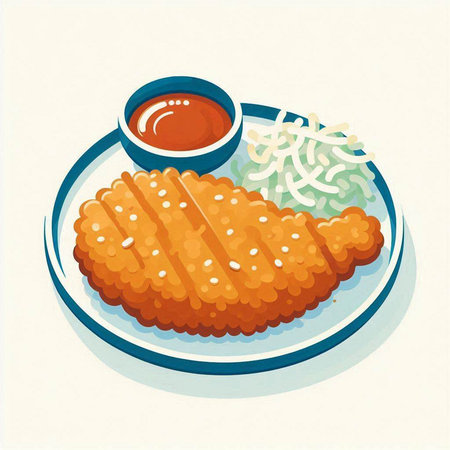 Illustration of fried pork cutlet with sweet and sour sauce.