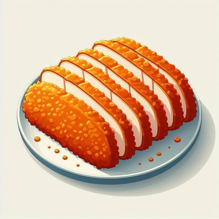 Illustration of a slice of breaded pork on a plate.
