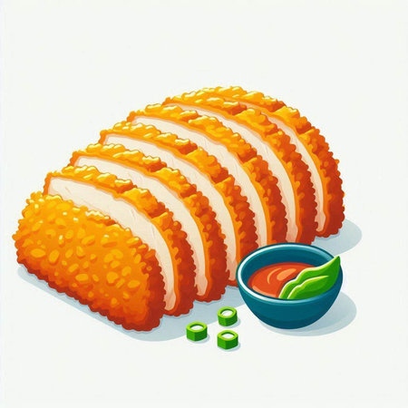 Illustration of fried fish in breadcrumbs with tomato sauce.