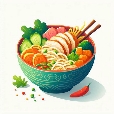 Bowl of noodle soup with chicken and vegetables. Vector illustration.