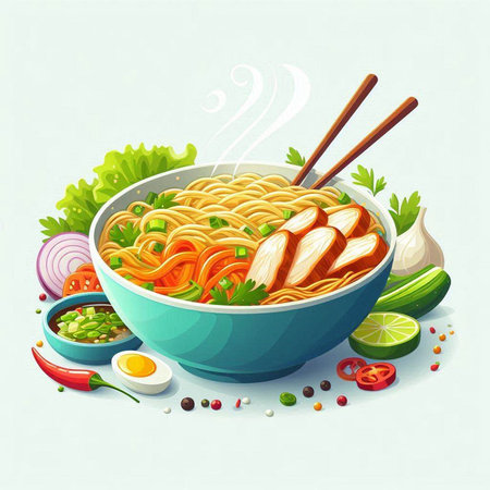 Illustration of a bowl of ramen noodles with vegetables and chopsticks