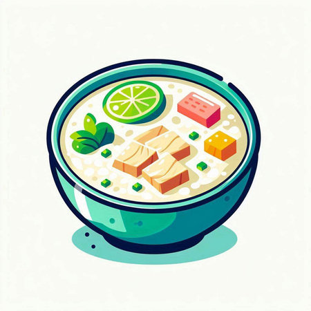 Illustration of a bowl of soup with tofu and vegetables. Vector illustration.