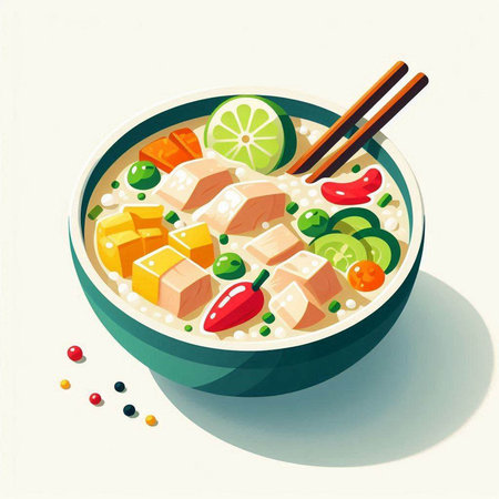 Illustration of a bowl of miso soup with tofu and vegetables