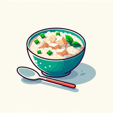 Rice porridge in a bowl with spoon. Vector illustration.の写真素材
