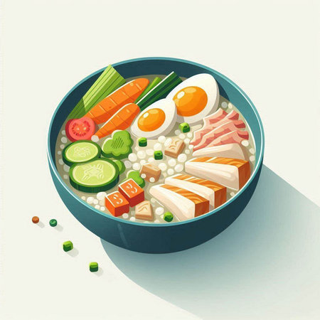 Bowl of rice with meat and vegetables. Vector illustration. Eps 10