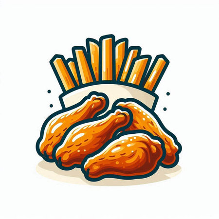 Fried chicken wings with french fries on white background. Vector illustration.