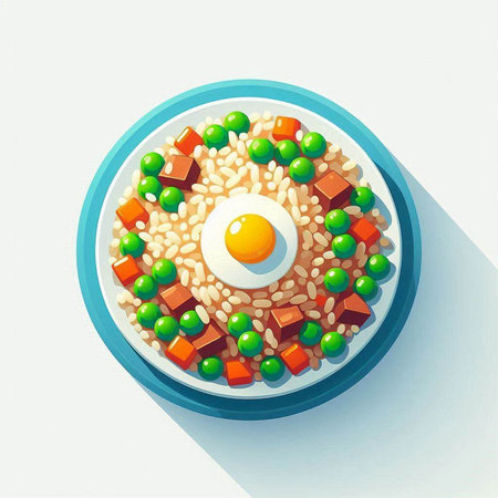 Illustration of a bowl of rice with vegetables and fried egg.の写真素材