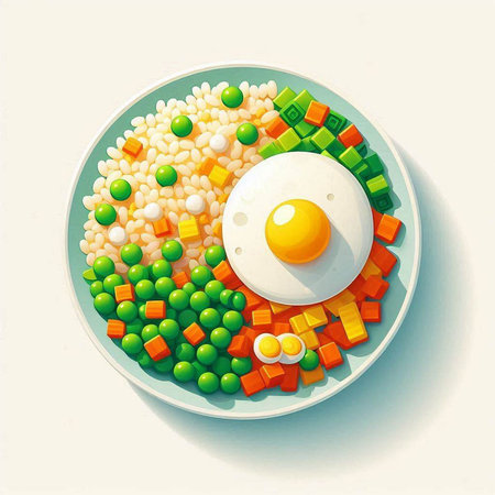 Fried egg with vegetables on a plate. Vector illustration. Eps 10の写真素材