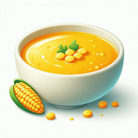 Illustration of a bowl of pumpkin soup garnished with fresh corn