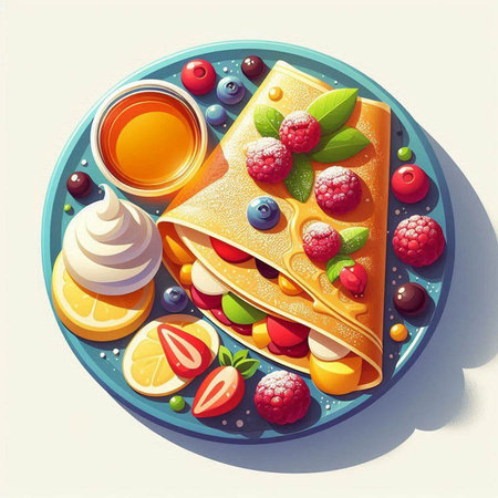 Pancakes with berries and honey on a plate. Vector illustration.