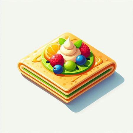 Illustration of a delicious cake with cream and fruits on a white background