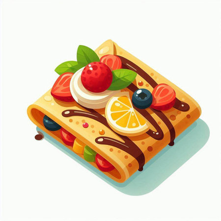 Vector illustration of a waffle with strawberries, blueberries and chocolateの写真素材