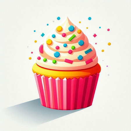 Cupcake with colorful icing and sprinkles. Vector illustration.