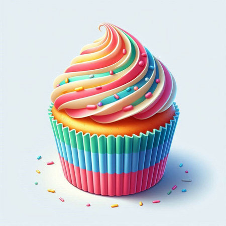 Cupcake with rainbow icing on a white background. 3d illustration