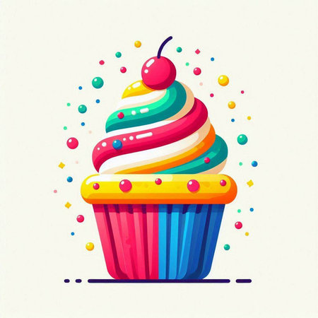 Cupcake vector illustration. Colorful cartoon cupcake with cream and sprinkles.