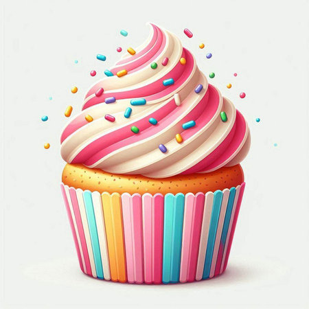 Cupcake with cream and colorful sprinkles. Vector illustration.