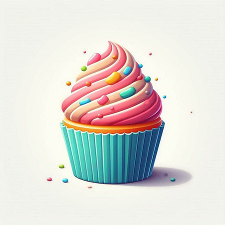 Cupcake with colorful sprinkles on white background. Vector illustration.