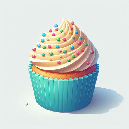Cupcake with cream and colored sprinkles. Vector illustration.
