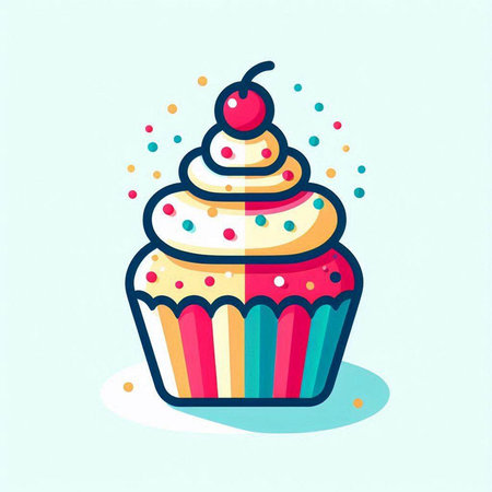Cupcake with cream and cherry. Vector illustration in flat style