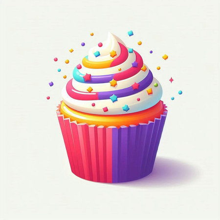 Cupcake with cream and colorful sprinkles. Vector illustration.