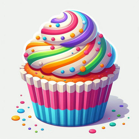 Illustration of a colorful cupcake on a white background with colored sprinkles
