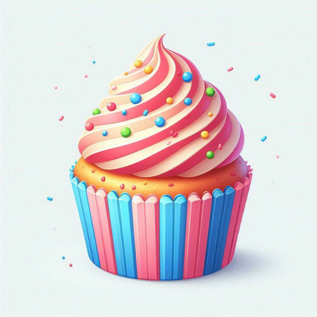 Cupcake with pink cream and colorful sprinkles. Vector illustration.