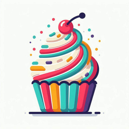 Cupcake with cream and cherry. Vector illustration in flat style