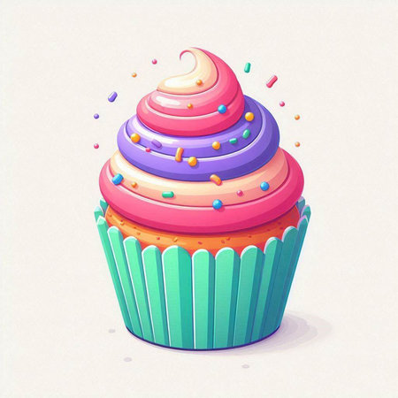 Cupcake with cream and colorful sprinkles. Vector illustration.