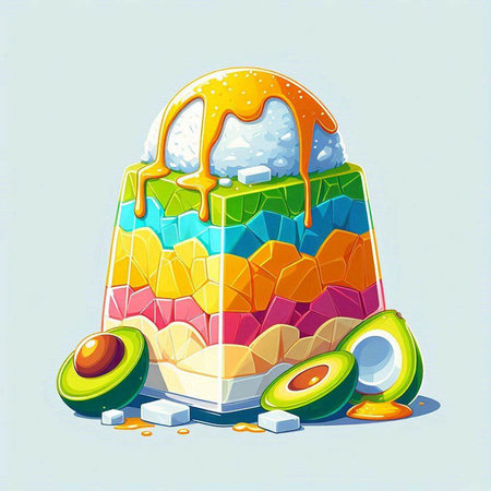 Illustration of a colorful ice cream in a glass container on a blue background