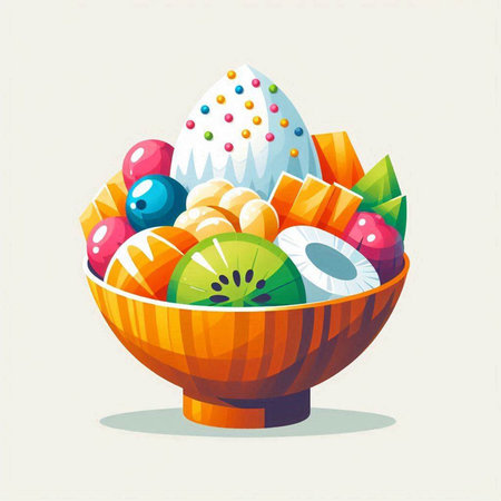 Colorful vector illustration of a bowl with fruits and an egg.の写真素材