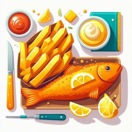 Fried fish with lemon and ketchup. Vector illustration in cartoon style
