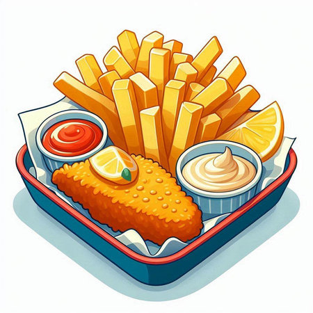 Illustration of fried fish with french fries and mayonnaise.