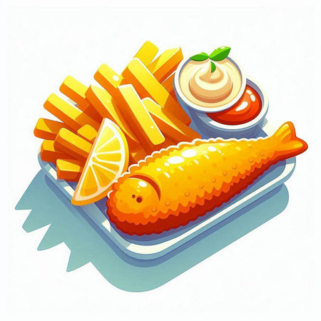 Illustration of a fish with fries and sauce on a white background